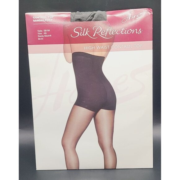Hanes Silk Reflections High Waist Control Top Pantyhose A/B Barely Black NOS - Picture 2 of 6